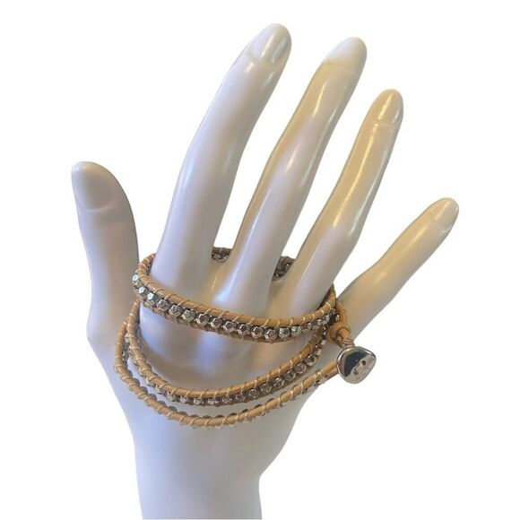 Silver Beaded Leather Wraparound Bracelet. - Picture 3 of 5